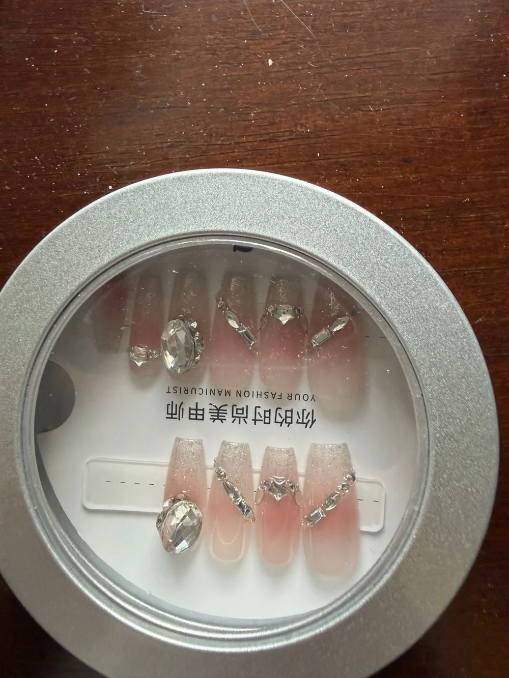 Clear Pink Acrylic Press-On Nail Set with Rhinestones